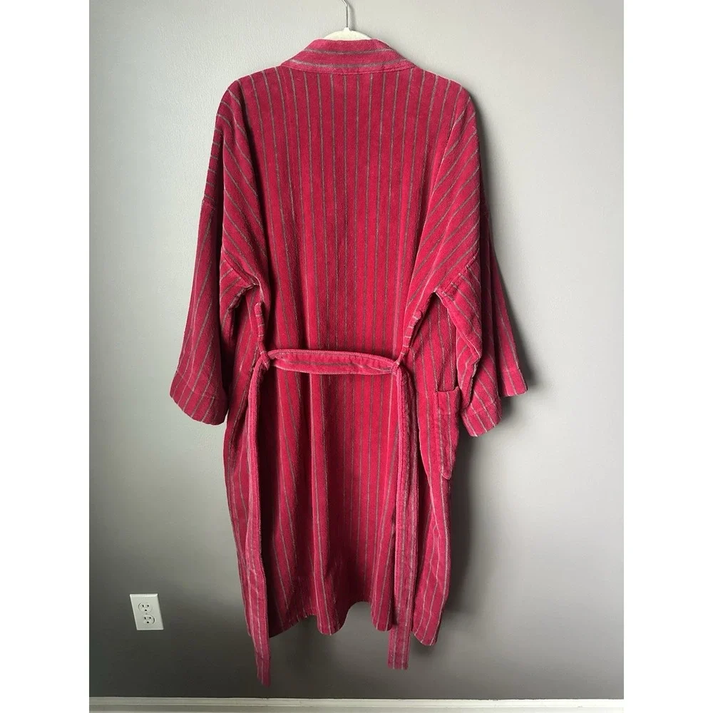 Vintage Bill Blass Robe Mens One Size Burgandy Striped Terry Cotton Belt Lounge
